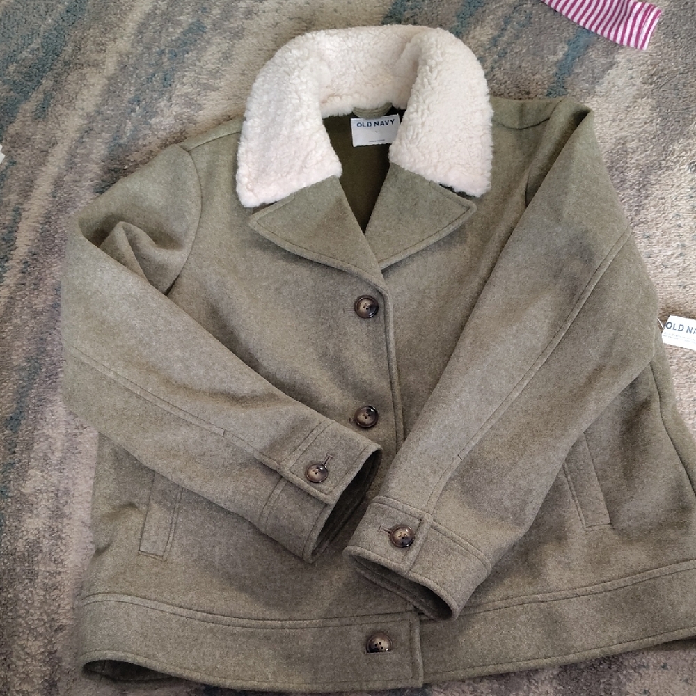 Old Navy Women's Olive Pea Coat with Cream Collar